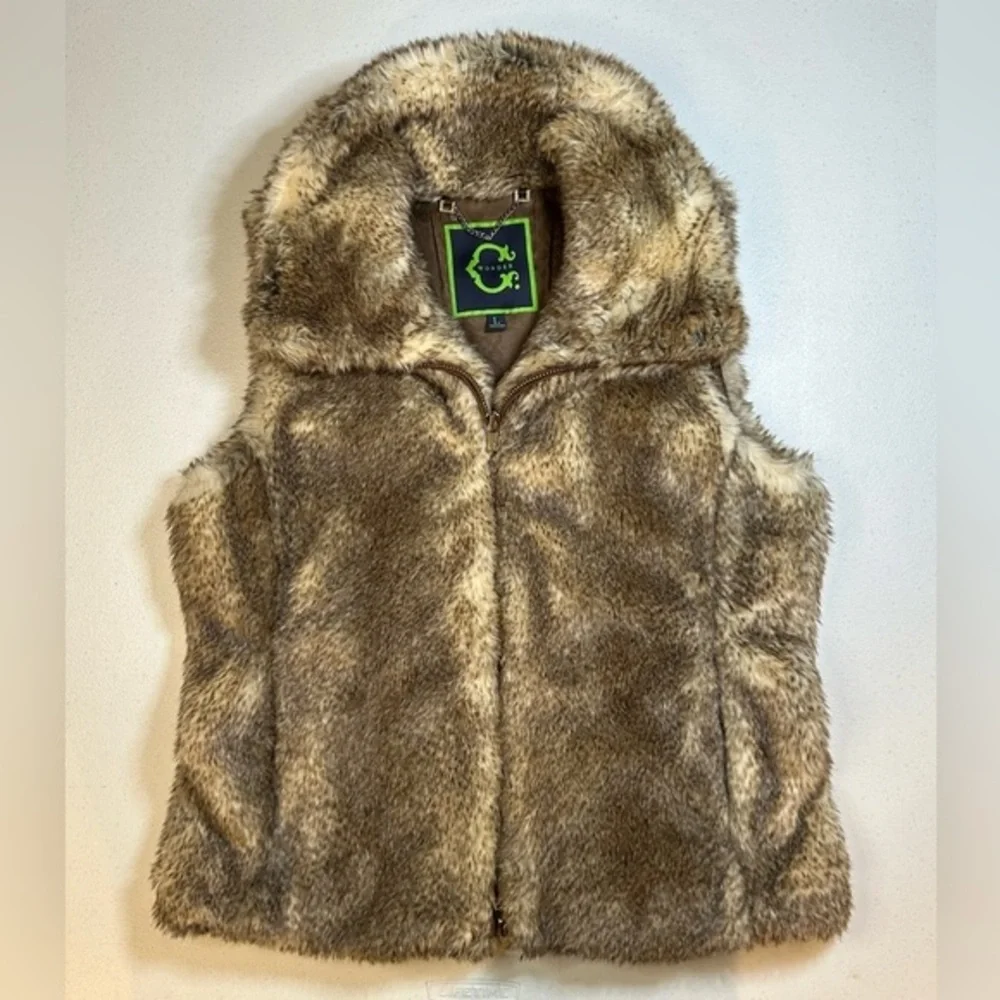 C Wonder Faux Fur Vest Womens Large Brown Tan Full Zip‎ Collar Turtleneck